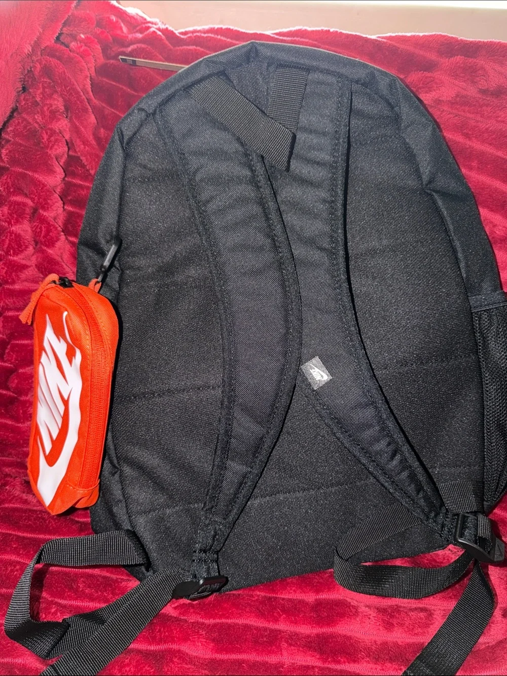 Nike Black Backpack with White Logo and Orange Pouch